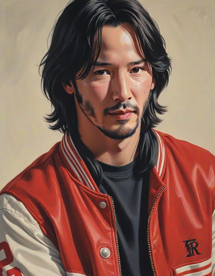 Keanu Reeves as 1980s Hockey Star in Red Letter Jacket
