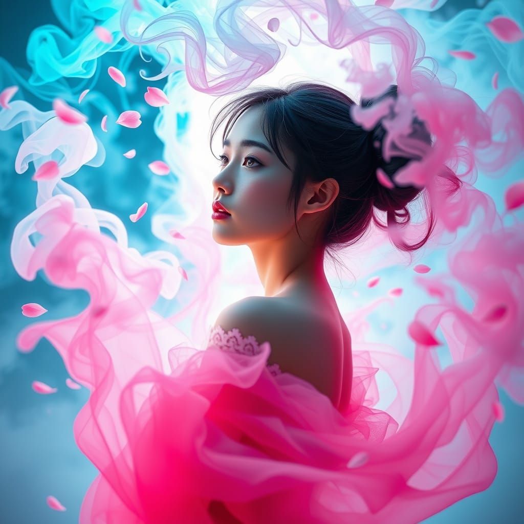 Enchanted Female Figure Emerges from Ethereal Smoke