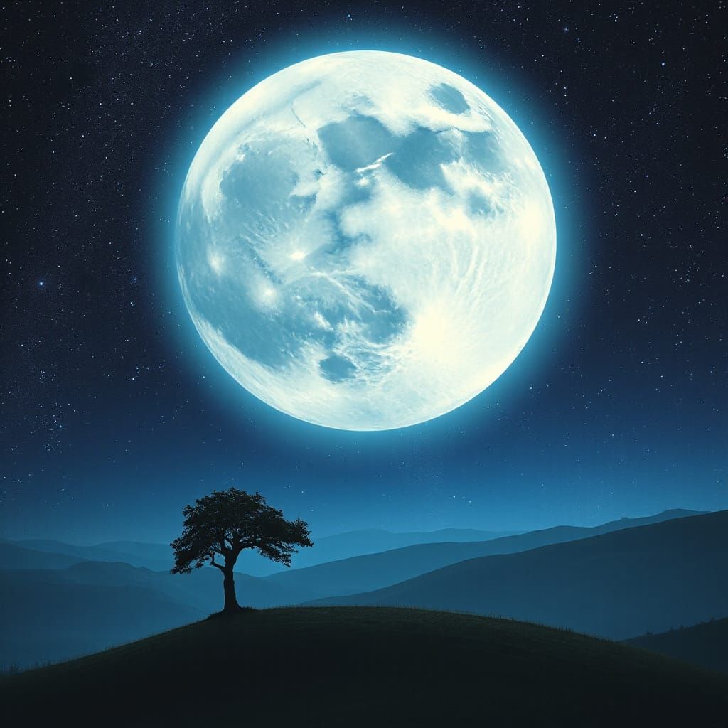 Lonely Tree Under a Giant Moonlit Sky
