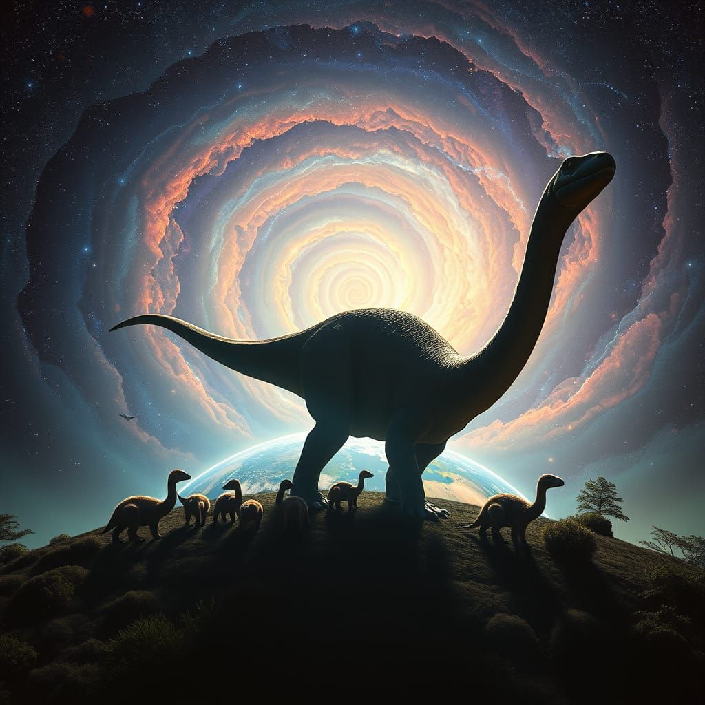 Majestic Apatosaurus Surrounded by Hatchlings and Galaxy