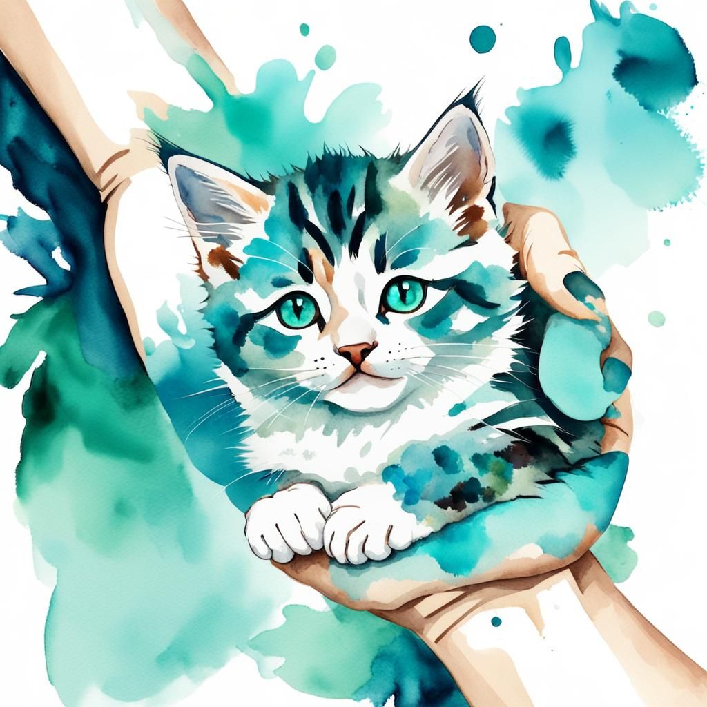 Watercolor Kitten in Hand Art Portrait