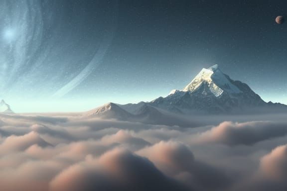Everest Rises Through Jupiter's Clouds, Hyperrealistic