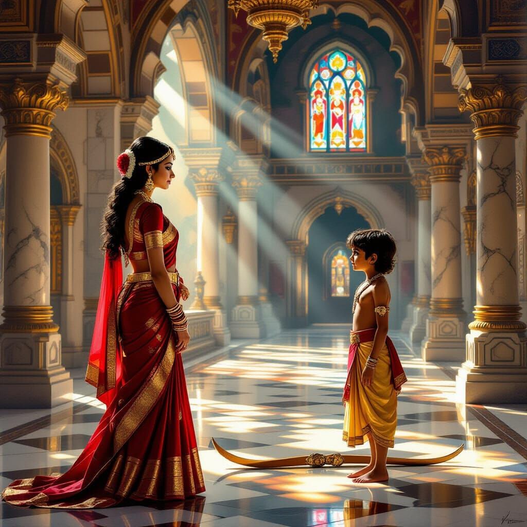 Draupadi and Arjuna in Castle Hall Oil Painting