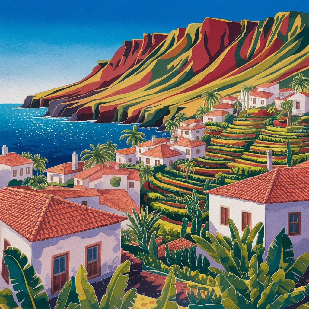Cliffside Village in Canary Islands, Watercolour Painting