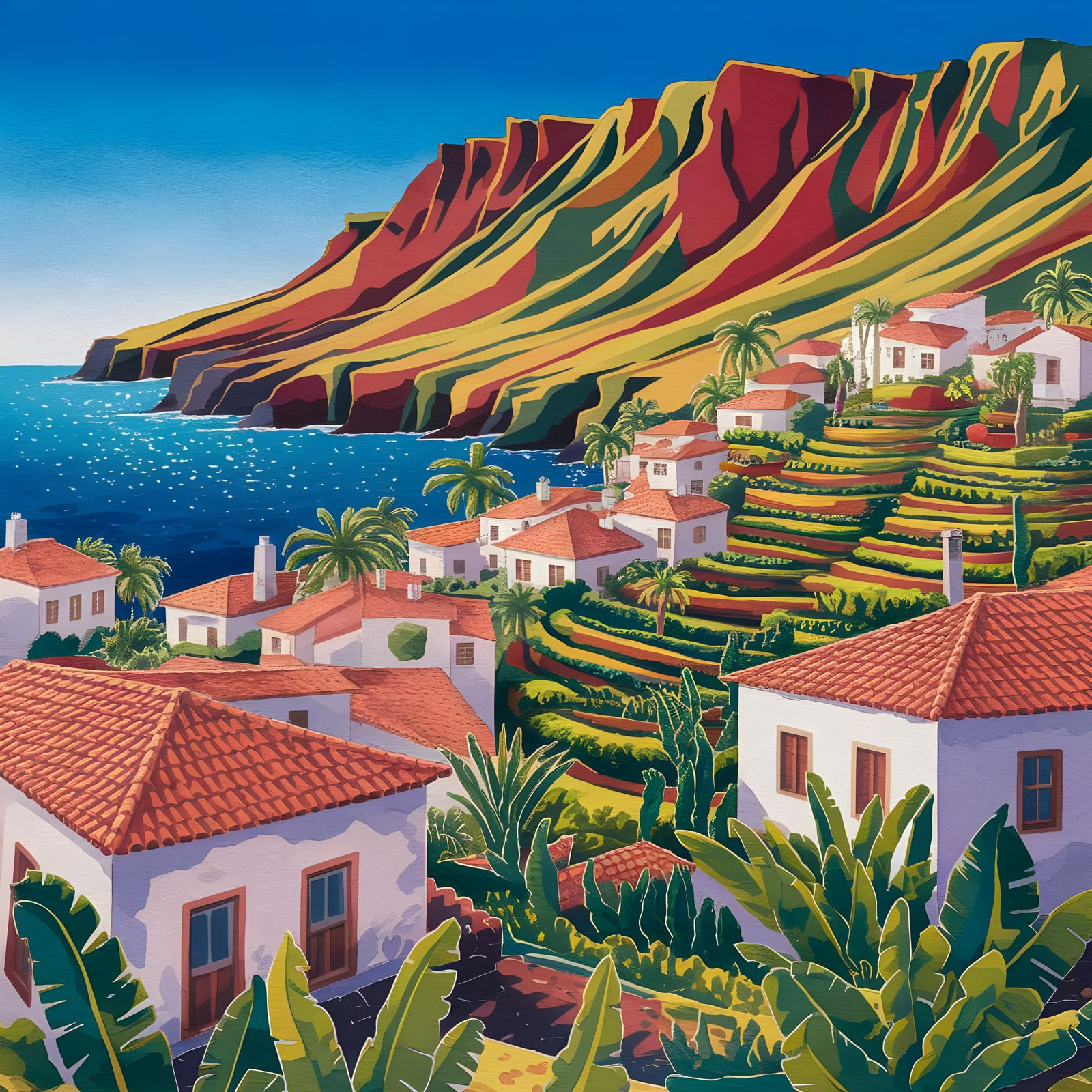Cliffside Village in Canary Islands, Watercolour Painting