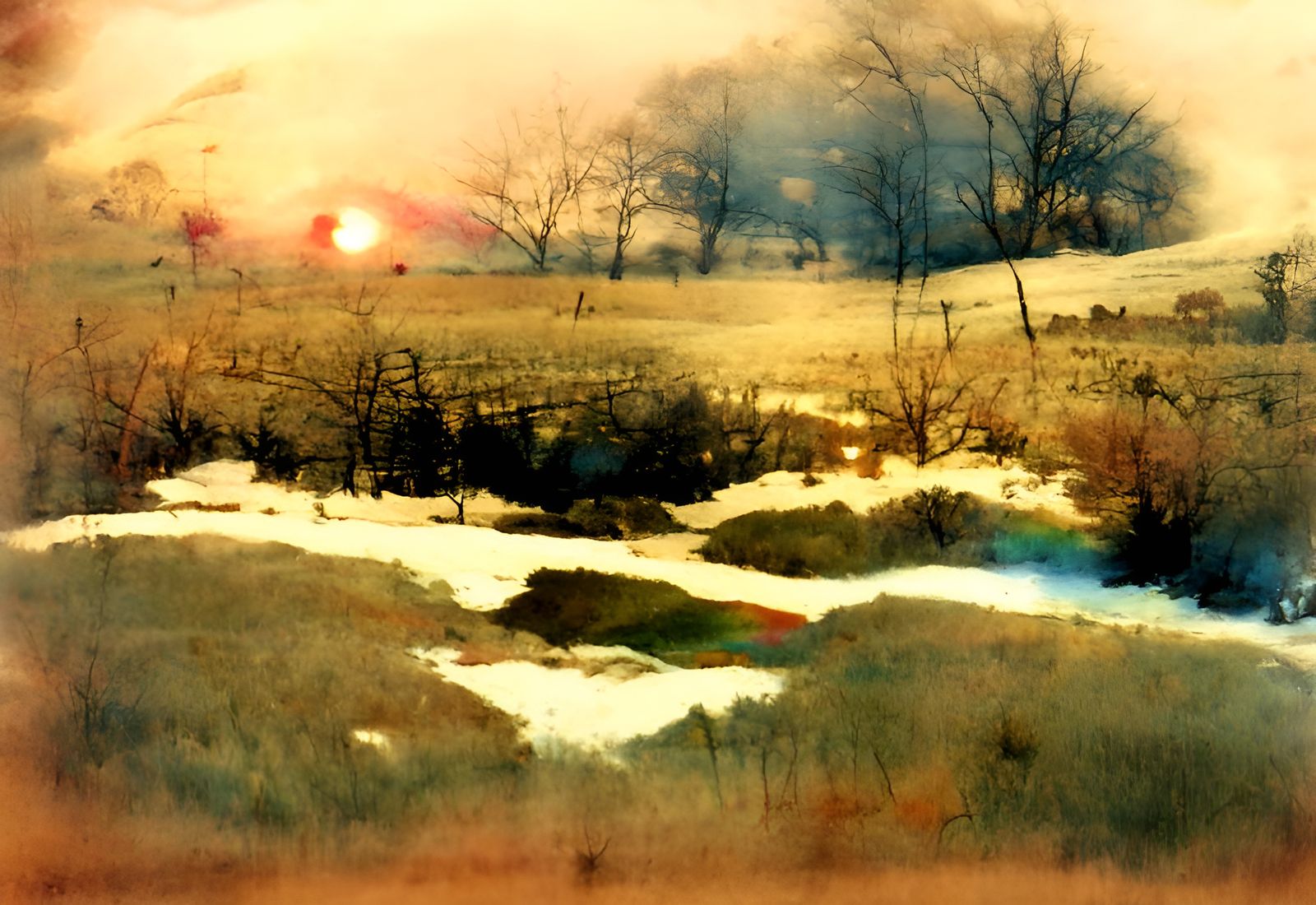 Sunset Over Winter Meadow in Calotype Style