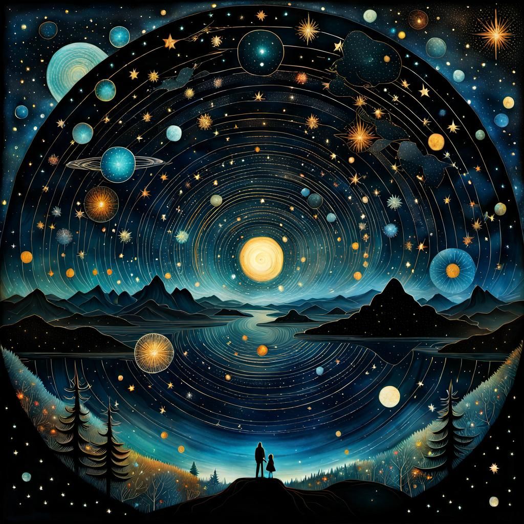 Vast Night Sky with Stars and Nebulae in Collage Art