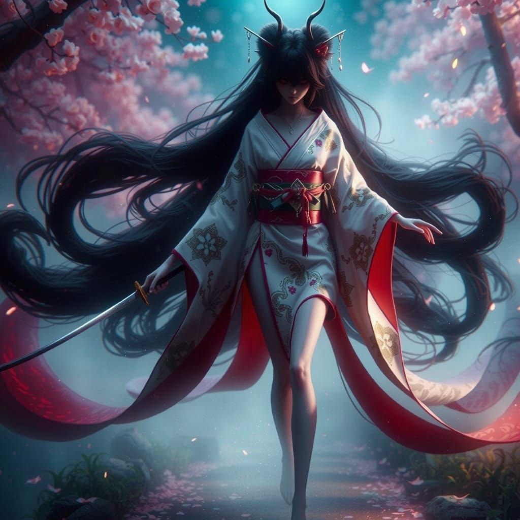 Enchanted Kitsune in Mystical Cherry Blossom Forest