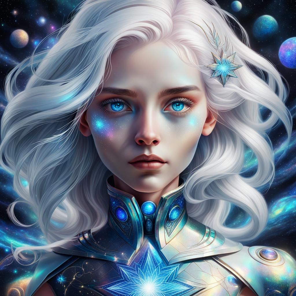 Astral Woman with White Hair and Shining Stars