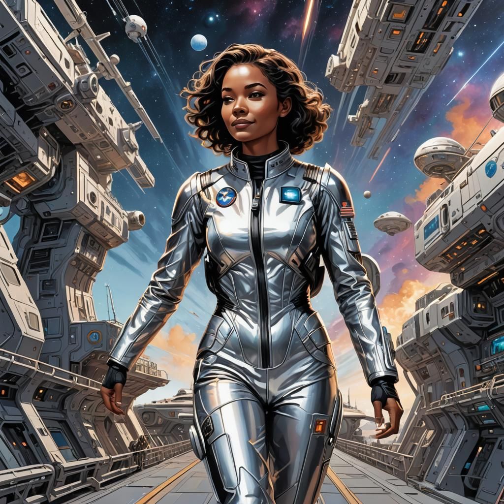 Smiling Spacer Walks to Ship in Retro Comic Art