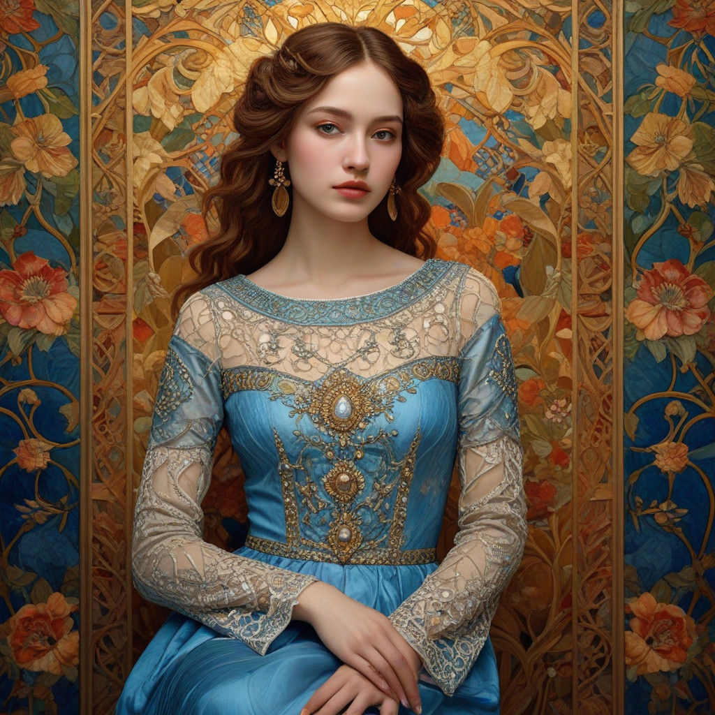 Elegant Eurasian Beauty in Lavish Oil Painting