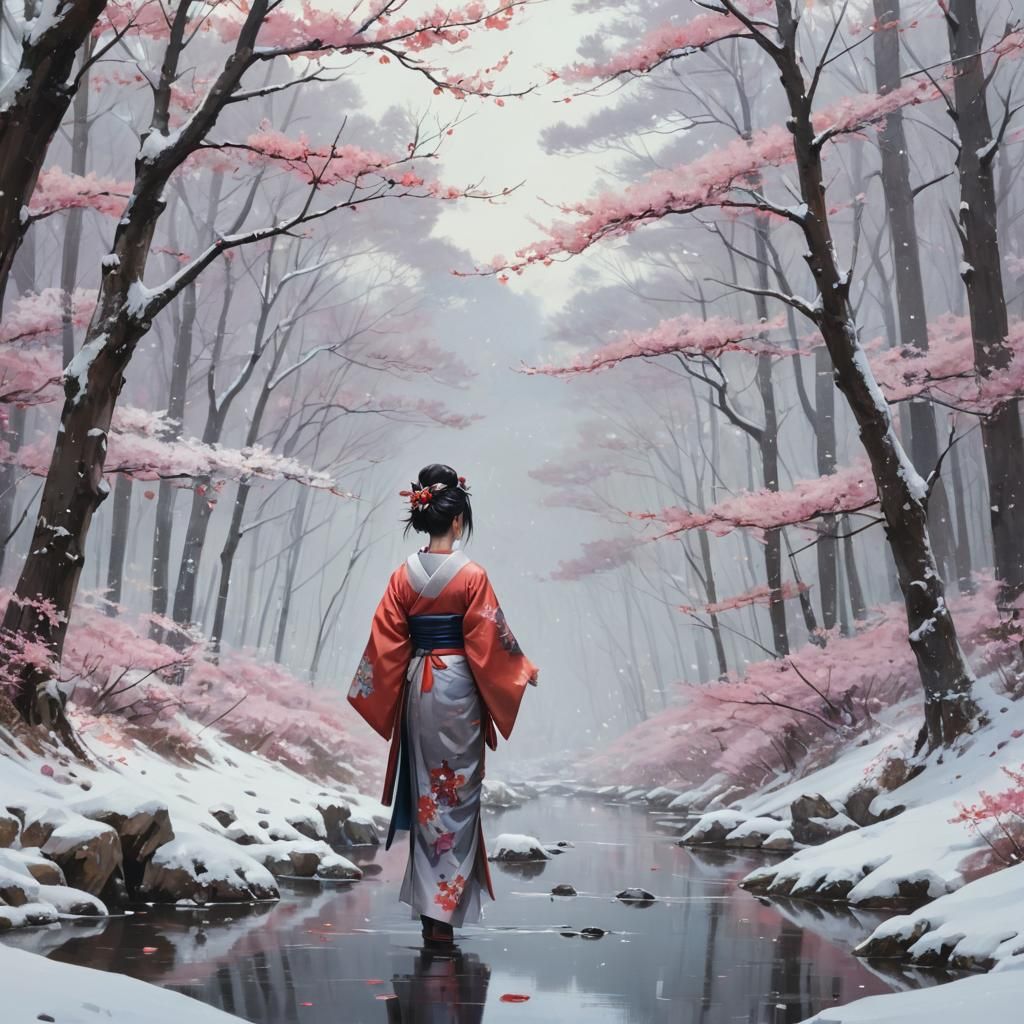 Geisha in Snowy Highlands with Sakura Forest
