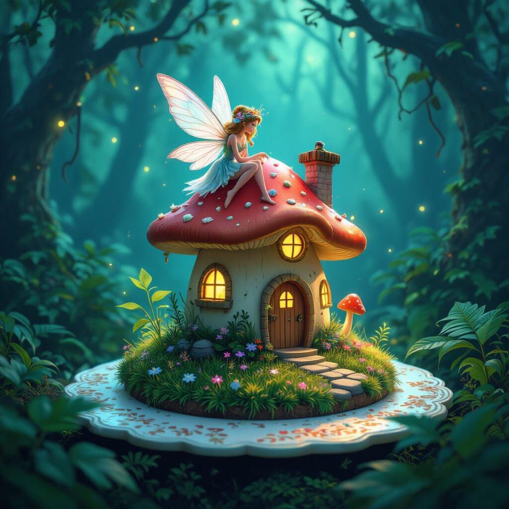 Enchanted Fairy Mushroom House Cake in Bioluminescent Forest