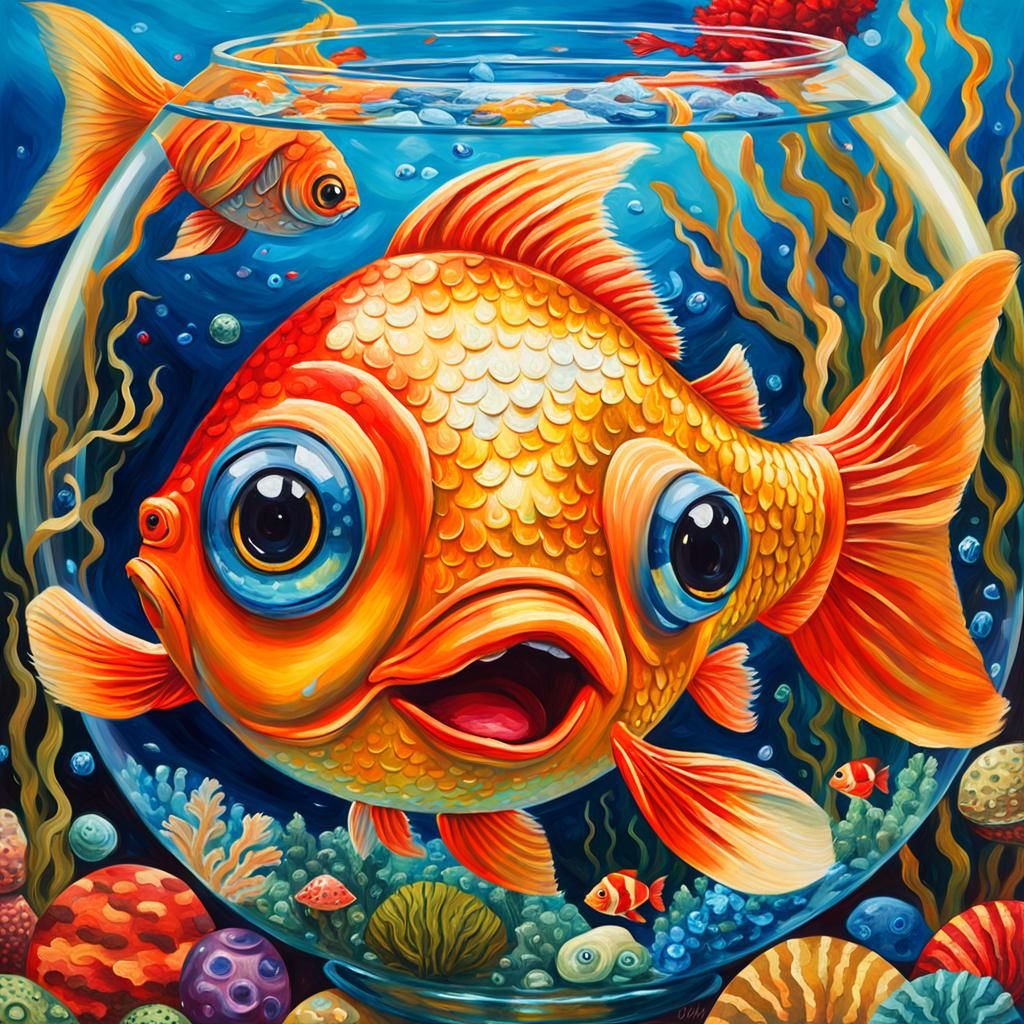 Giant Goldfish Smiling: A Vibrant Pop Art Oil Painting