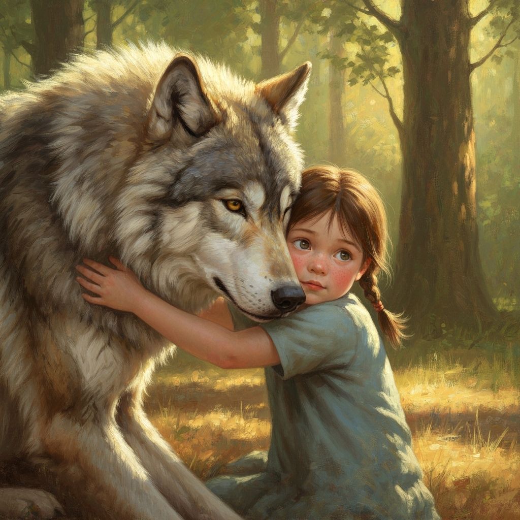 Girl Hugs Gentle Wolf in Sunlit Forest Oil Painting