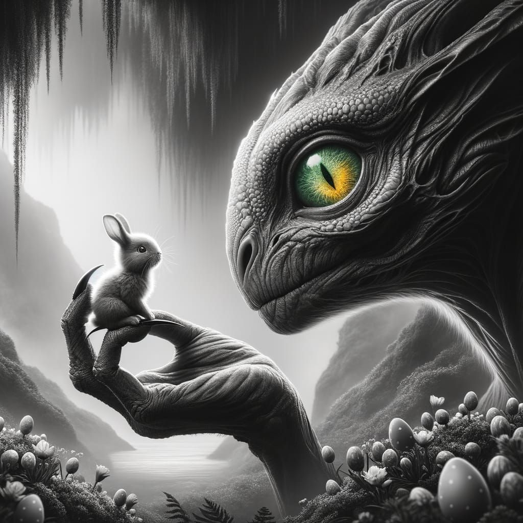 Otherworldly Guardian Examines Tiny Easter Bunny