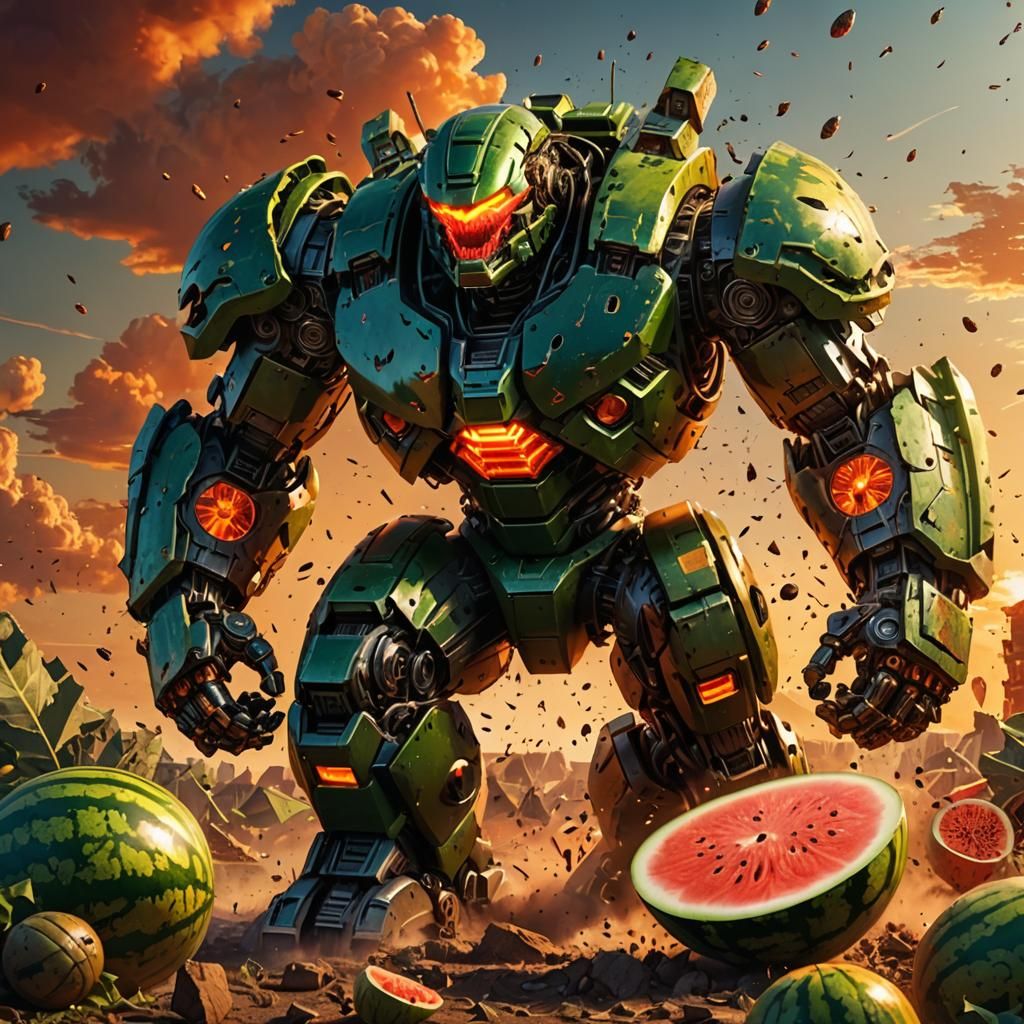 Robotic Titan Crushing Watermelon: Vivid Digital Art