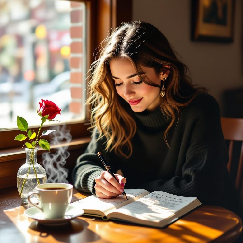 Woman Writing Poetry with Coffee in Warm, Painterly Style