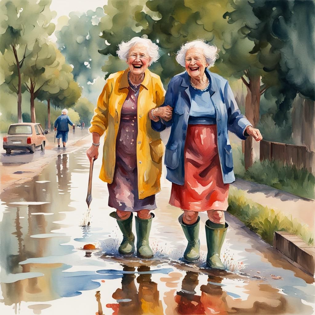 Laughing Women in Wellington Boots: Impressionist Gouache Pa...