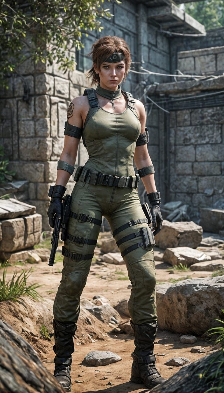 Female Solid Snake Hiding from Enemy Soldiers