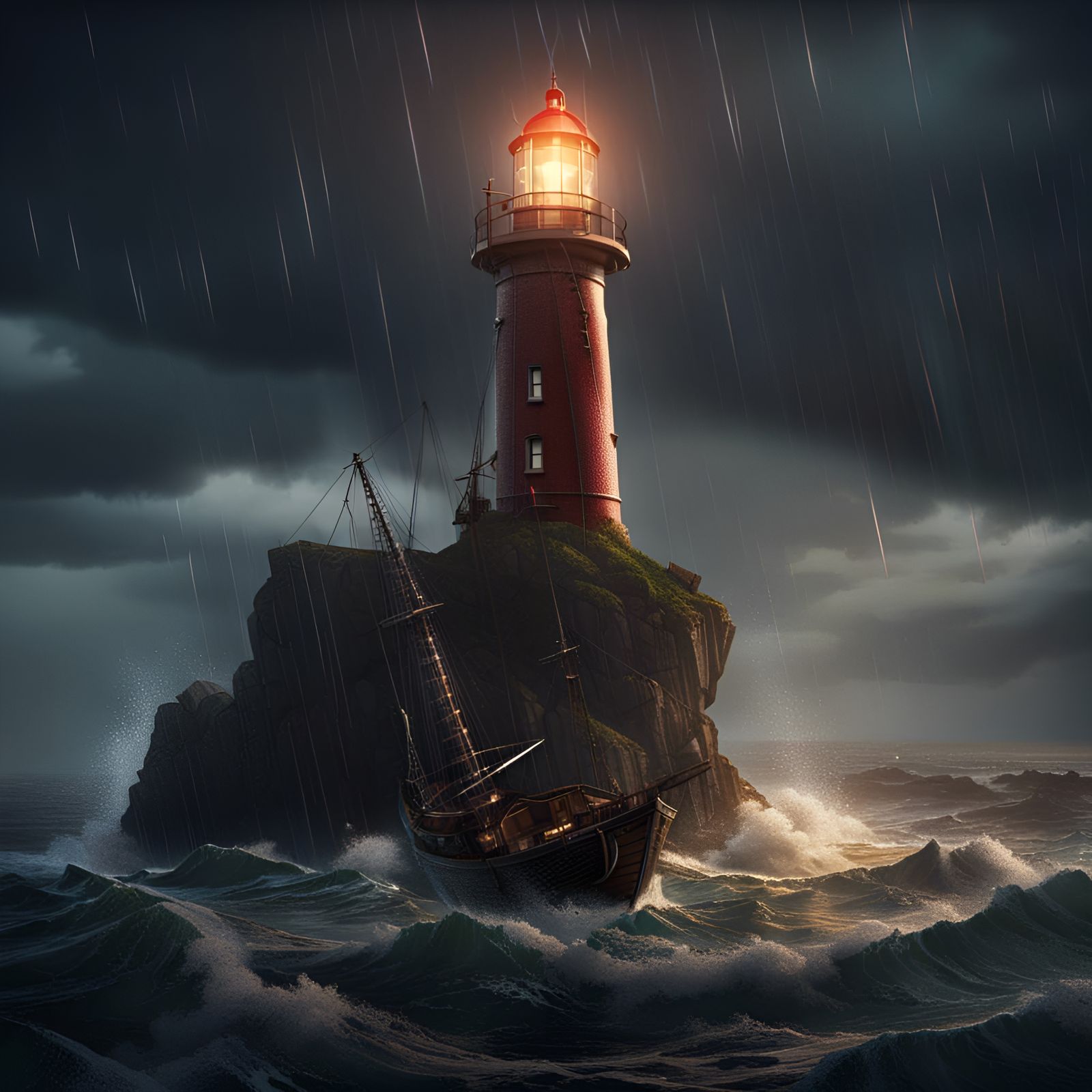 Lighthouse in Stormy Seas: Comic Style Painting
