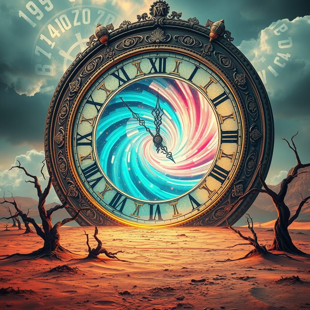 Surreal Melting Clock Portal in Post-Apocalyptic Landscape