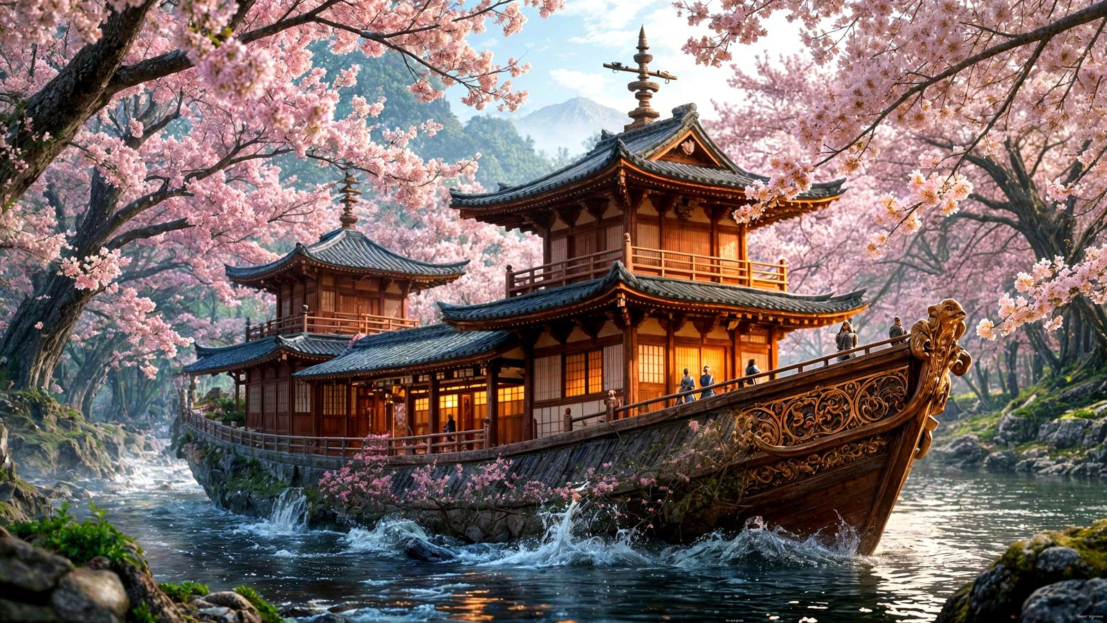 Epic Ship Sailing Through Cherry Blossoms