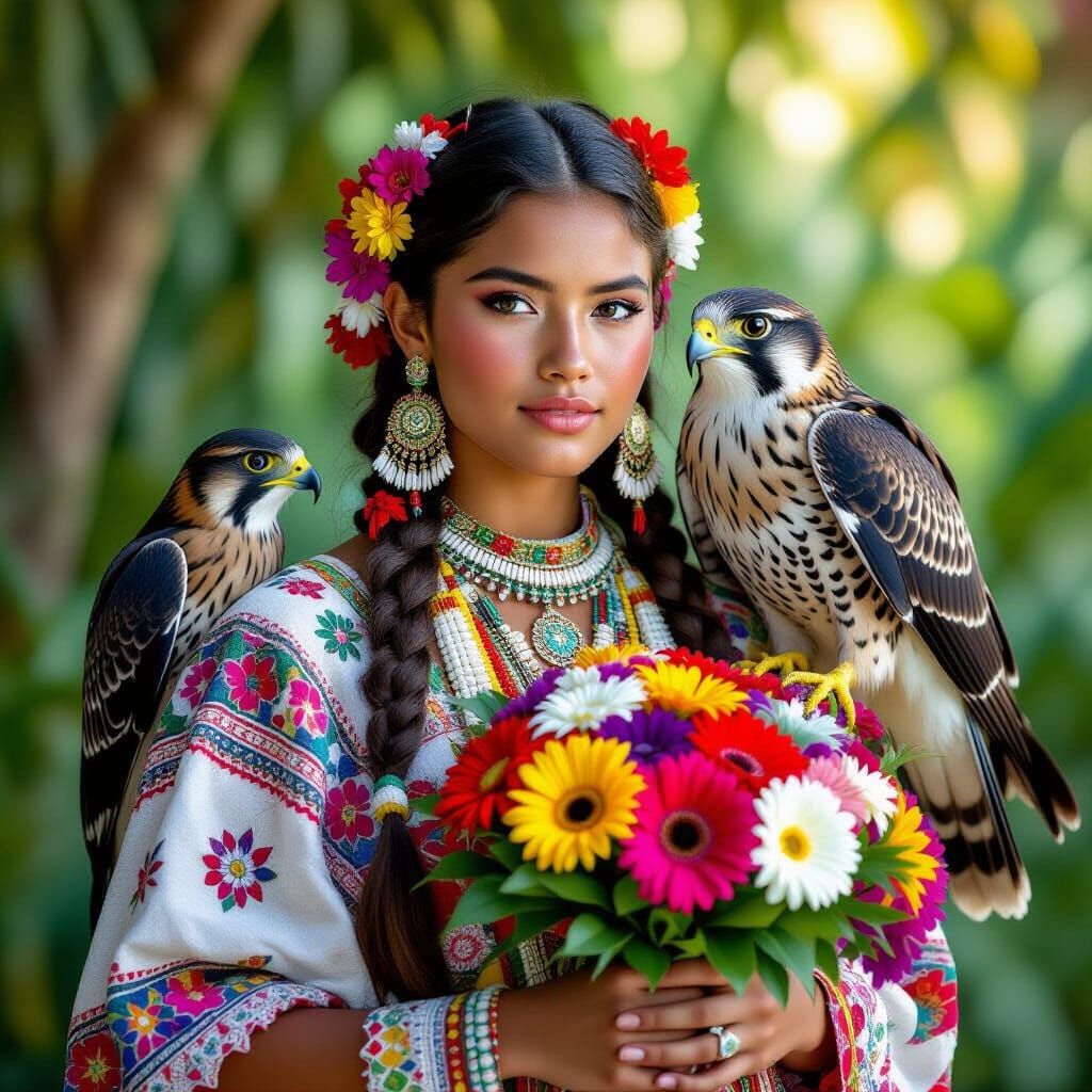 South American Woman with Falcon, Hyperrealistic Portrait