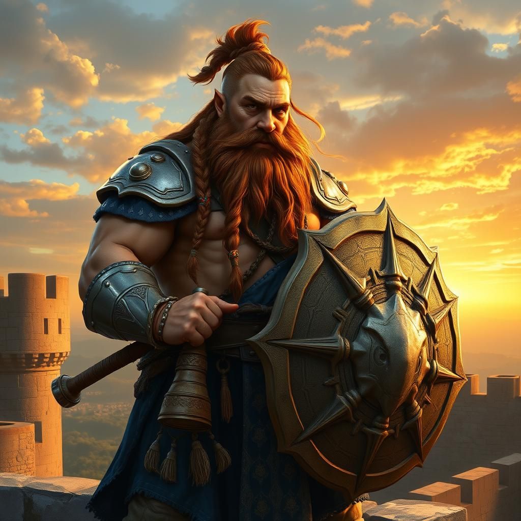 Dwarf Warrior Priest on Castle Wall as Oil Painting