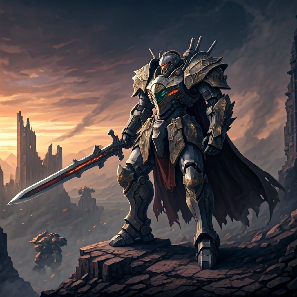 Cyberpunk Mech Knight Emerges from Ruins