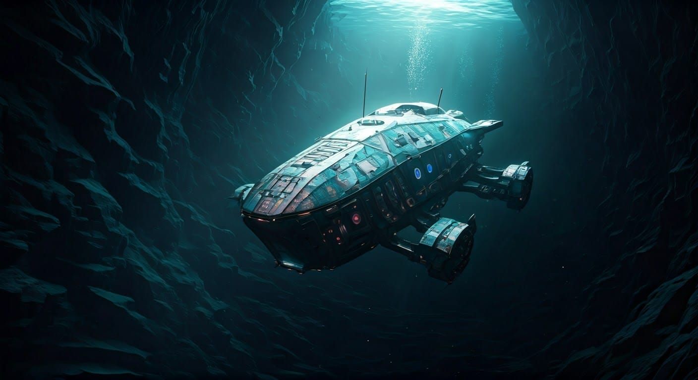 Futuristic Deep-Sea Submersible in Black Ocean Trench