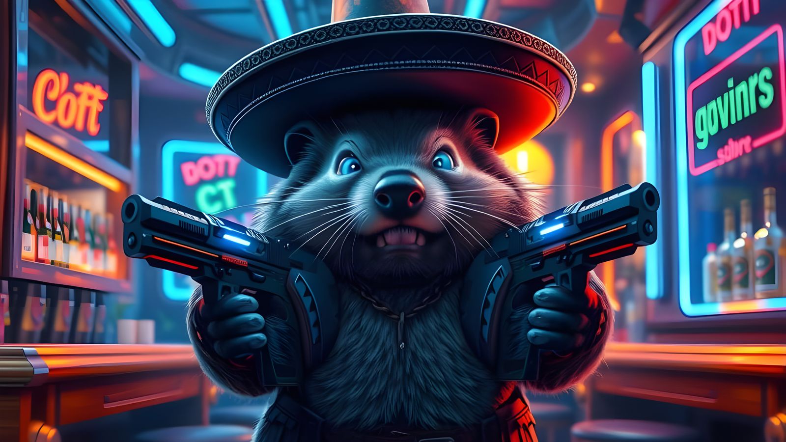 Cyberpunk Beaver Strides into Futuristic Bar