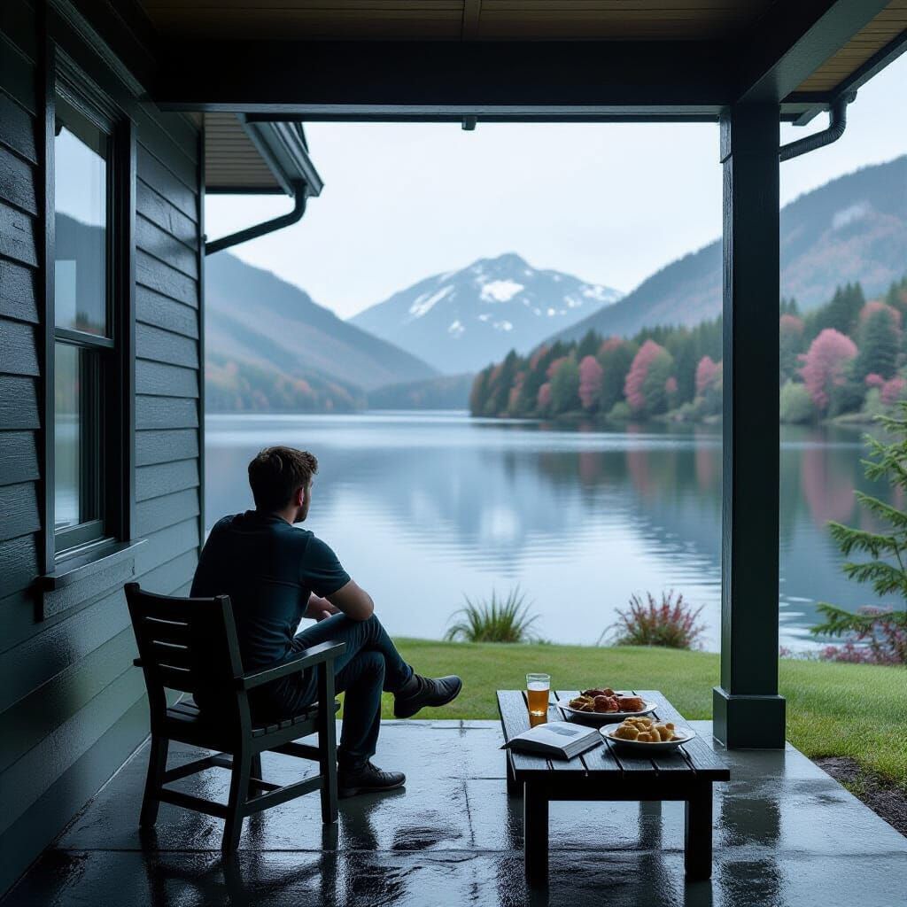 Man Contemplating Serene Lake on Rainy Porch