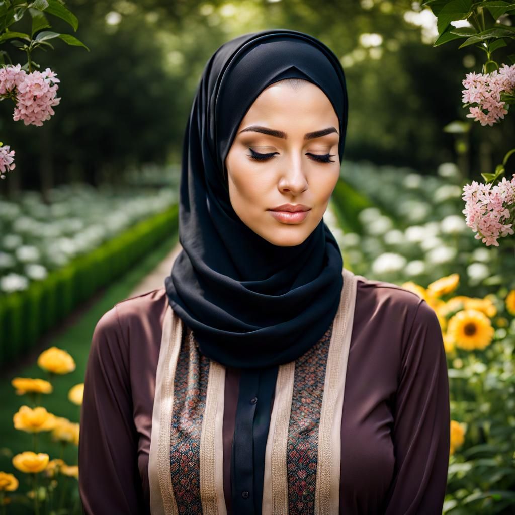 Serene Hijabi Woman in Garden Setting