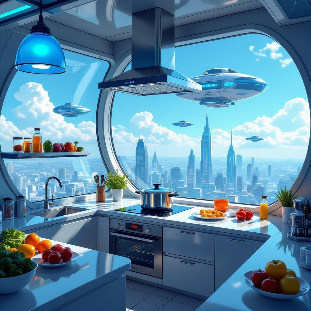 Futuristic Kitchen with Flying City View in Neon Style