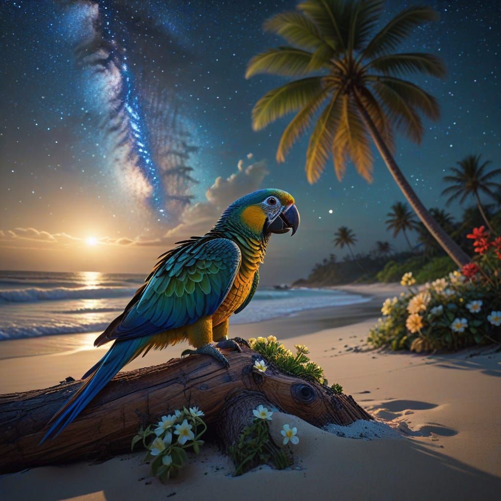 Bioluminescent Beach Sunset with Parrot