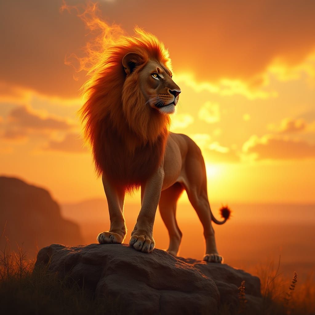 Majestic Lion with Flaming Mane at Sunset