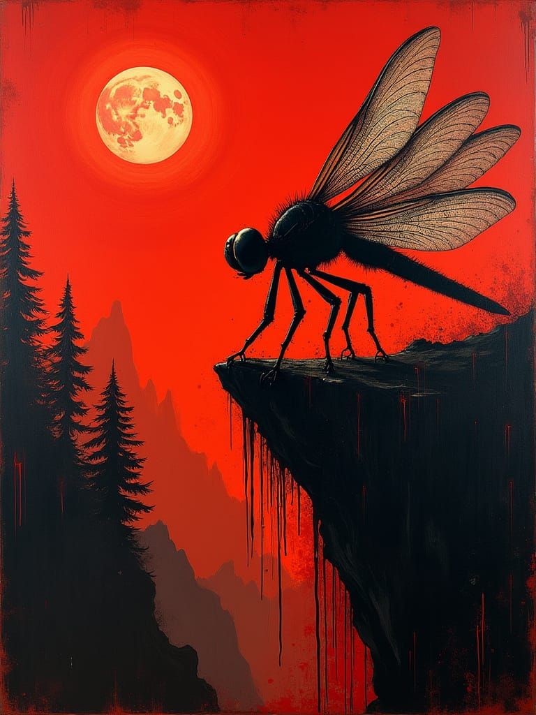 Dragonfly on Cliff Edge with Crimson Moon, Surreal Graphic A...