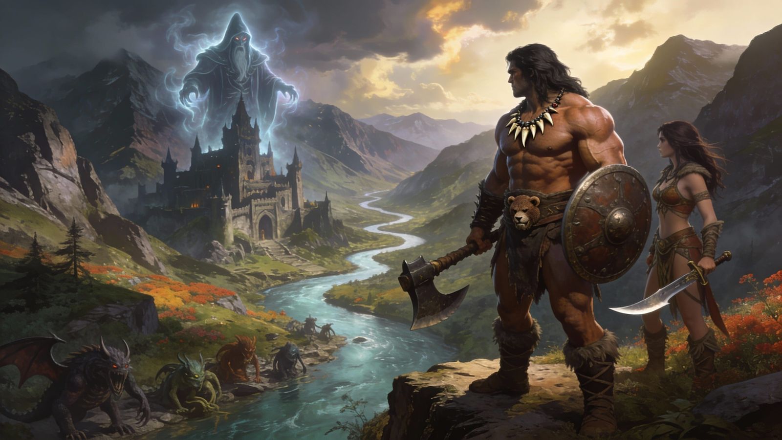 Conan and Belit Confront Evil Wizard Above Mountain Valley
