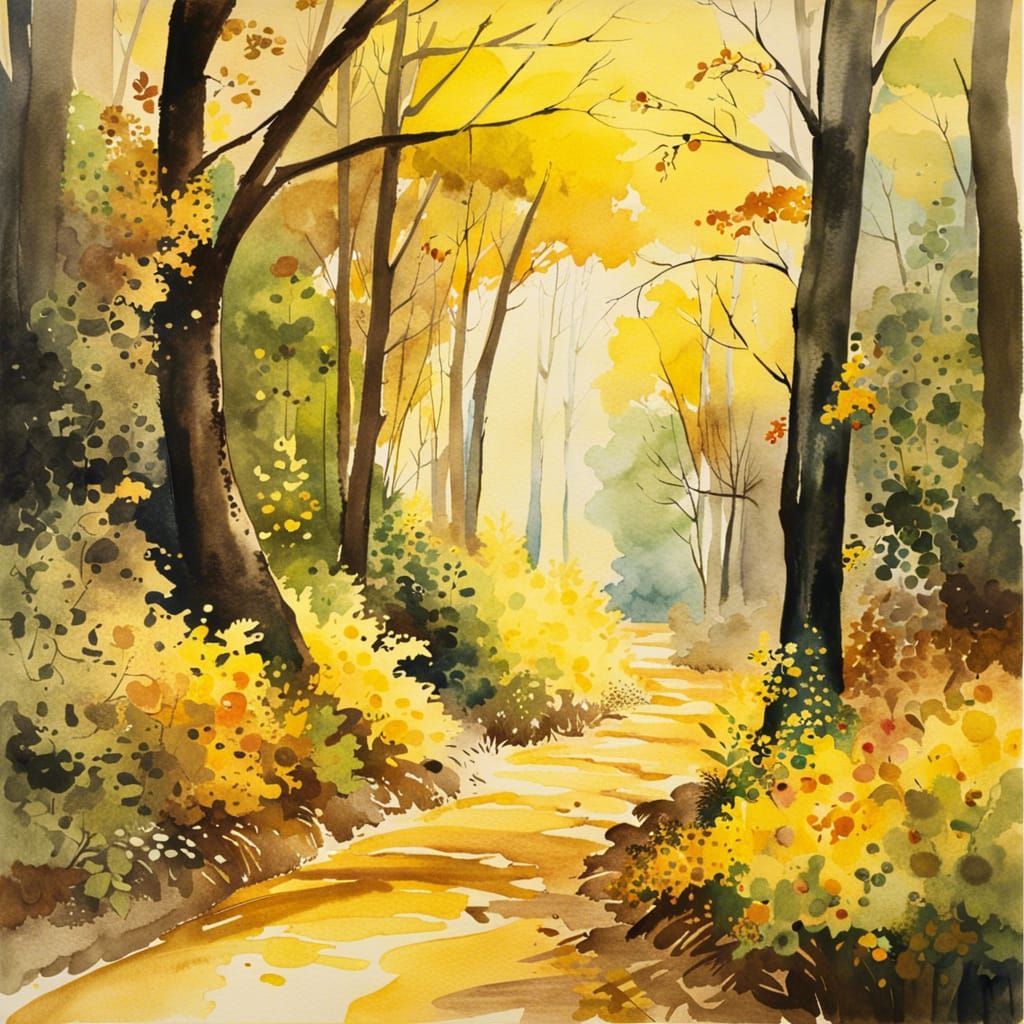 Watercolor Painting of Roads Diverging in Autumn Forest