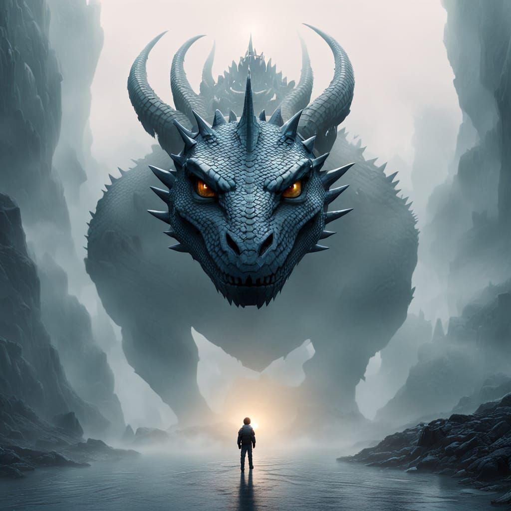 Ants Eye View of Majestic Dragon Head Facing Small Boy