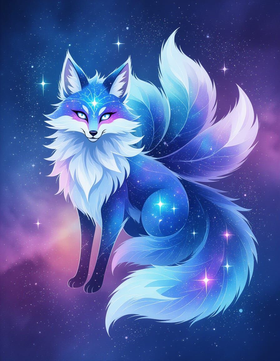 Cosmic Kitsune Emerging from Nebula in Watercolor Art