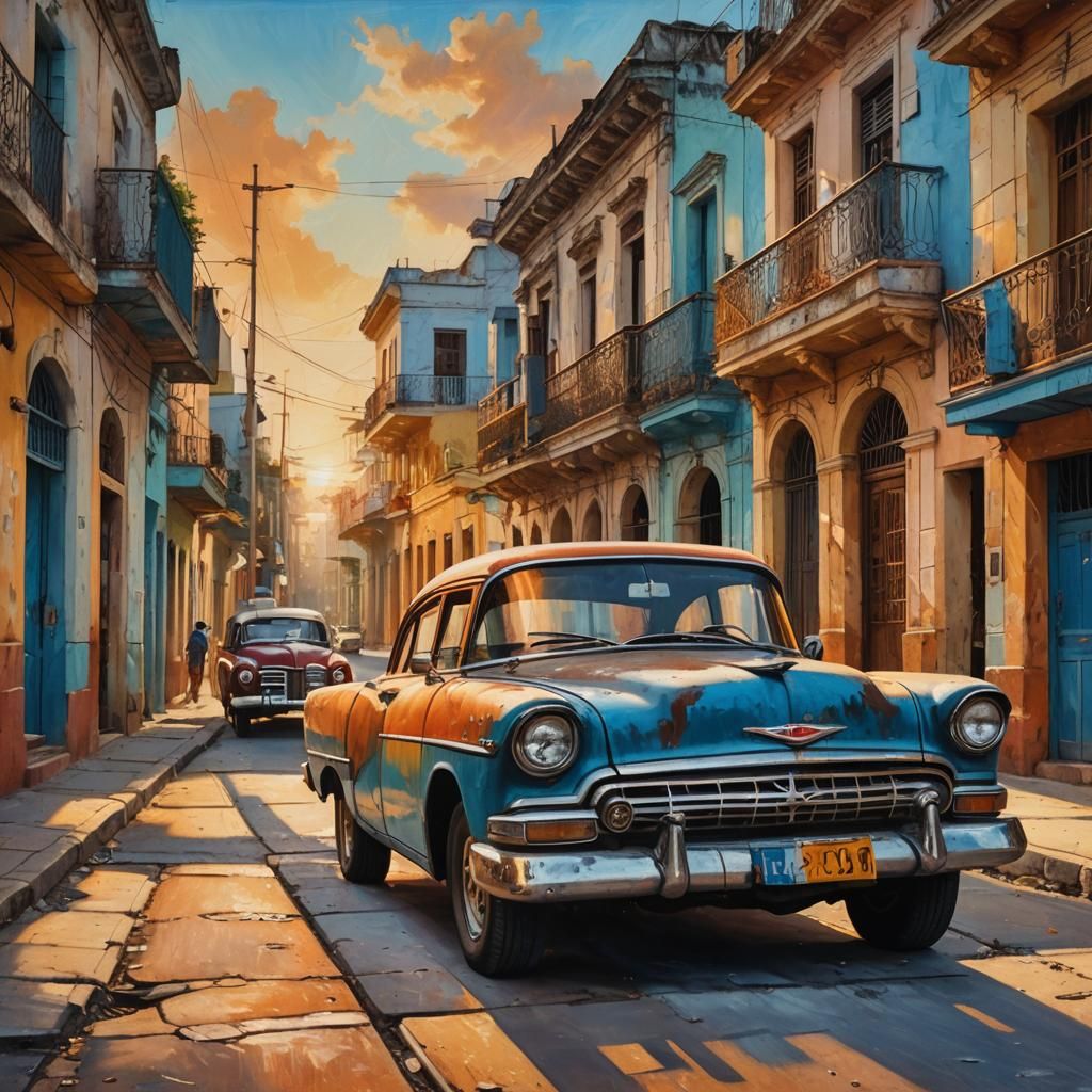 Retro Cuban Street Scene with Classic Car
