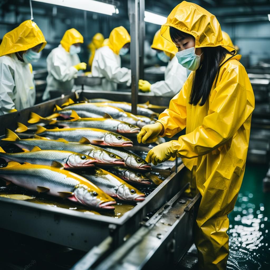 Asian Women Processing Salmon in Yellow Rainsuits