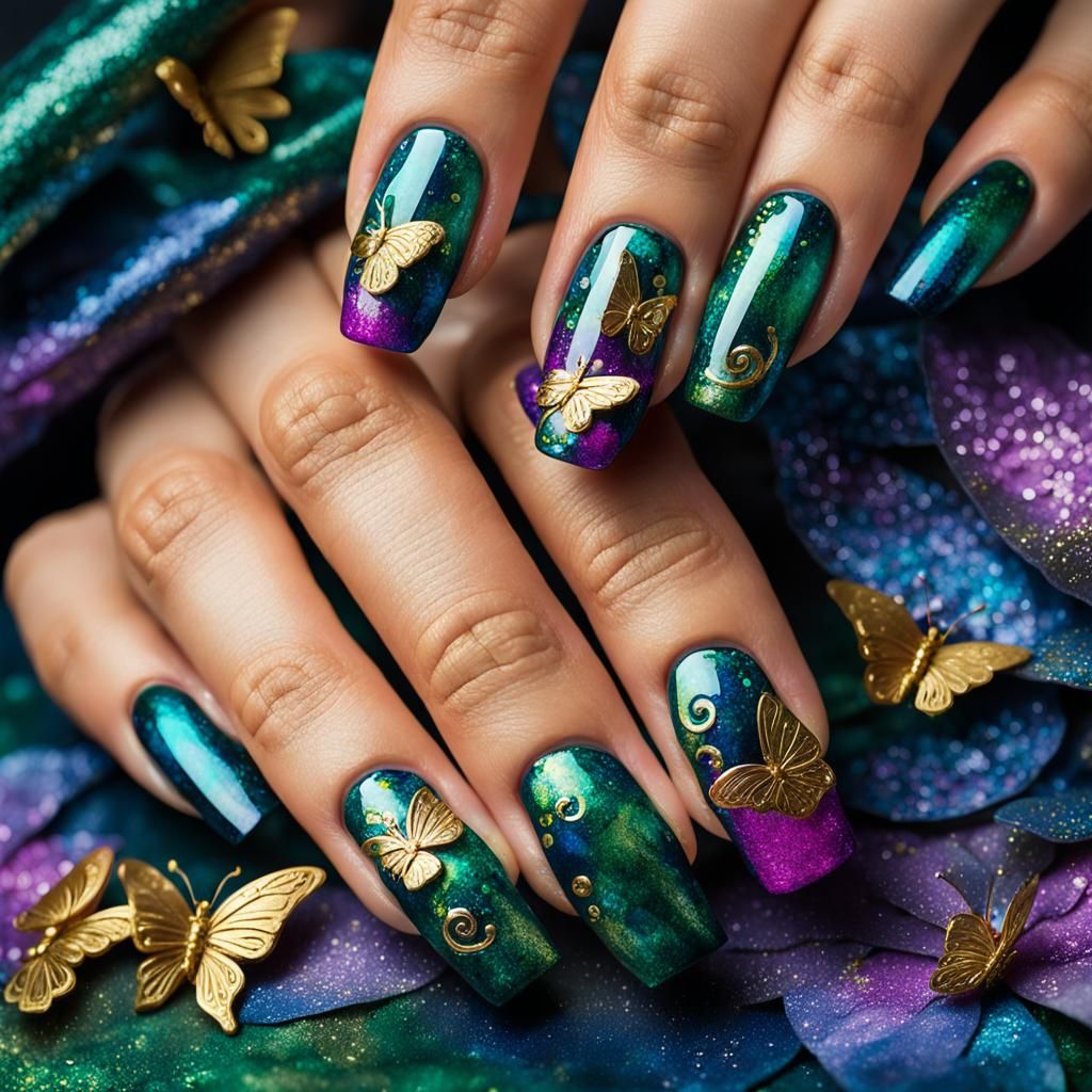 Vibrant Butterfly Nail Art with Golden Swirls