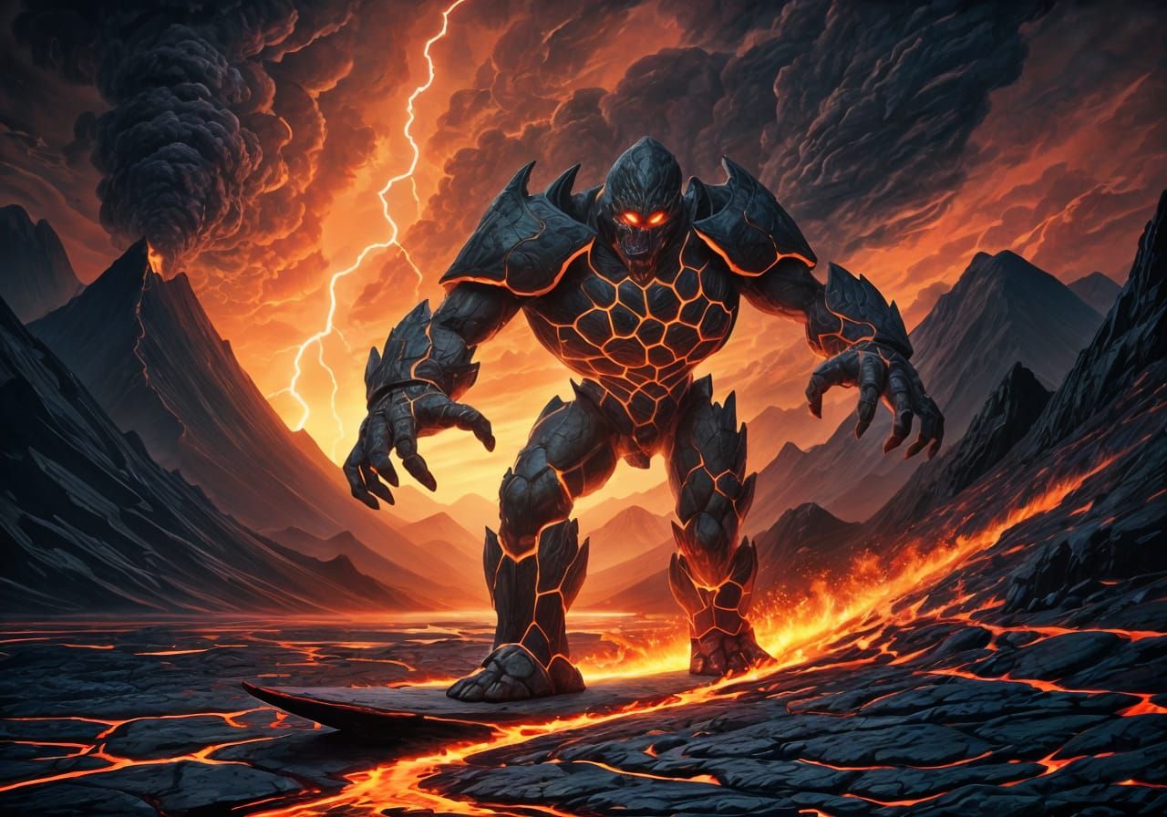Lava Golem Surfs Volcanic River in Dynamic Fantasy Art
