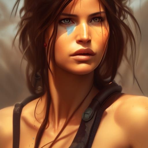 Lara Croft Waking Up: Hyperdetailed Splash Art Portrait