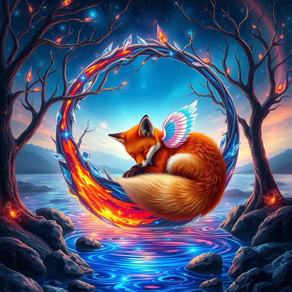 Fiery Winged Fox Cub Asleep in Dreamscape