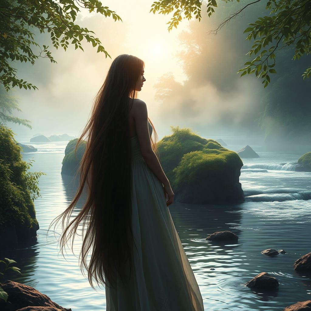 Serene River Goddess Amidst Dawn Mist