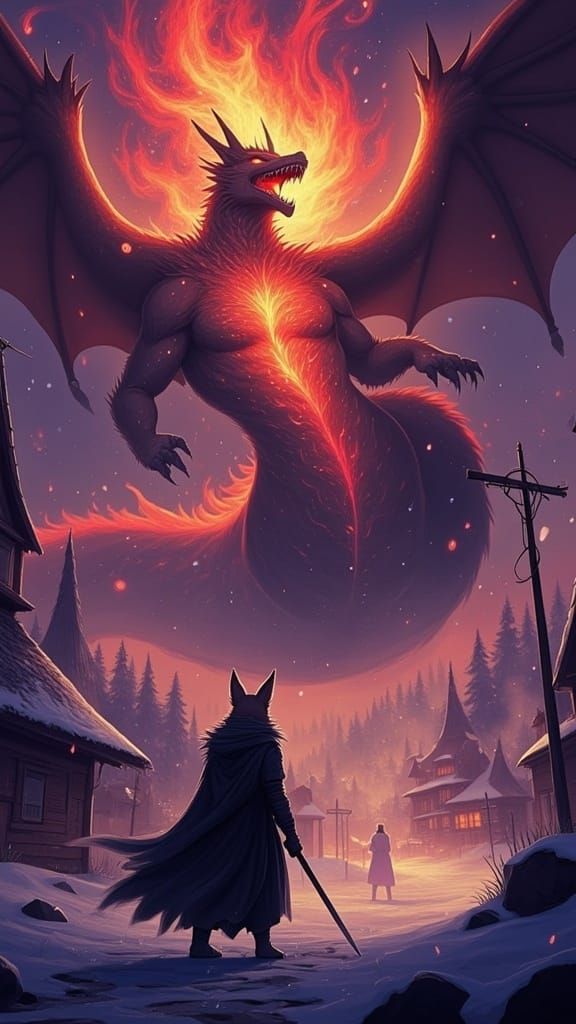 Anime Fox Knight Confronts Towering Dragon